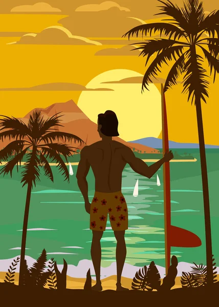 Surfer în picioare cu placă de surf pe plaja tropicală înapoi vedere. Hawaii surfing palme ocean temă retro vintage. Ilustrație vectorială șablon izolat banner poster — Vector de stoc