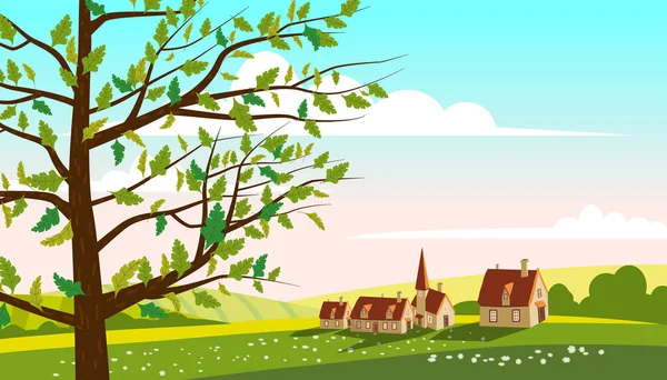 Lovely Countryside landscape farm village farm spring tree green hills fields, nature, bright color blue sky. Spring, summer country scenery panorama agriculture, farming. Vector illustration cartoon — Stok Vektör