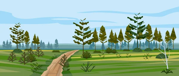 Äng och skog landskap natur, gran tallar, gräs och buskar. Panorama landskap ensam väg. Vektor illustration banner affisch mall trendig stil — Stock vektor