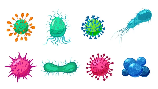 Set virus batteri germi microrganismi oggetti che causano la malattia microbi pandemici, infezioni da funghi. Vettore isolato illustrazione stile cartone animato icona — Vettoriale Stock