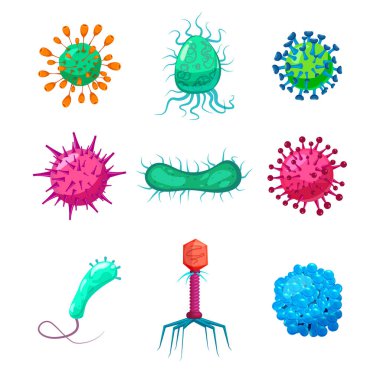 Set Viruses bacterias germs microorganisms disease-causing objects pandemic microbes, fungi infection. Vector isolated illustration cartoon style icon