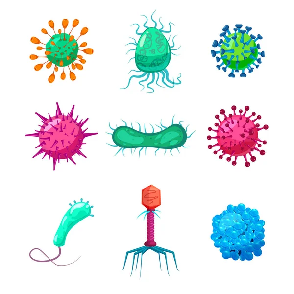 Set Vírus bactérias germes microrganismos objetos causadores de doenças micróbios pandêmicos, infecção por fungos. Ícone de desenho animado ilustração Vector isolado —  Vetores de Stock