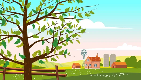 Campo encantador paisaje granja aldea granja primavera árbol verde colinas campos, naturaleza, cielo azul de color brillante. Primavera, verano paisaje rural panorama agricultura, agricultura. Dibujos animados ilustración vectorial — Vector de stock