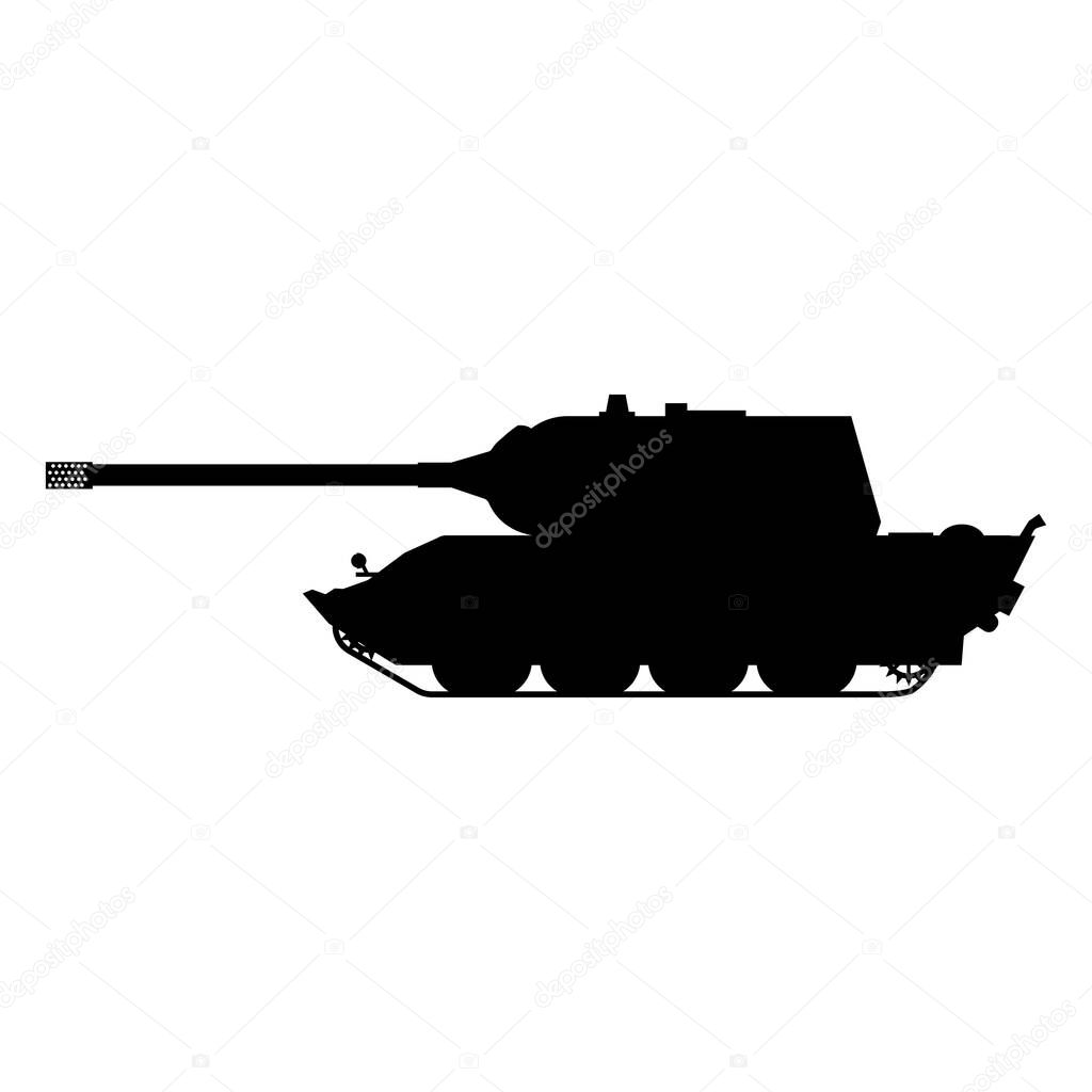 Silhouette Tank German World War 2 Tiger 3 heavy tank icon. Military army machine war, weapon, battle symbol silhouette side view. Vector illustration isolated