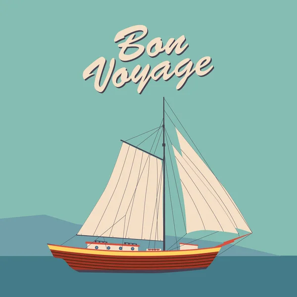 Sailing ship banner retro vintage with text Bon Voyage. Nautical ocean sailing yacht or traveling. Vector illustration isolated — Stock Vector