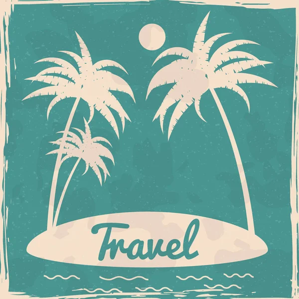 Estate spiaggia tropicale mare isola palme oceano. Tessuto effetto grunge retrò carta vacanza marittima con testo di viaggio. Immagine vettoriale silhouette isolata poster banner — Vettoriale Stock