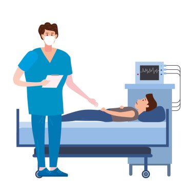 Antiviral yüz maskesi takan doktor ve hastane odasında hasta sağlığıyla ilgilenen hasta. Danışmanlık ve tanı testleri virüs kontrolü. Vektör çizimi izole edildi