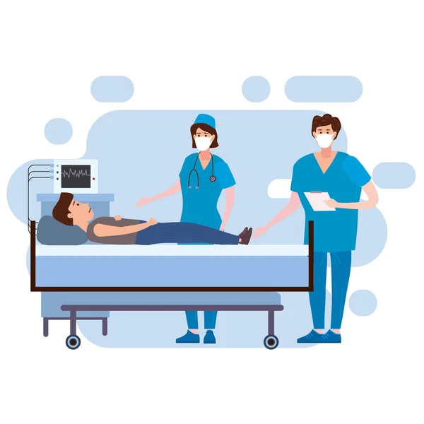 Doctor and nurse in antiviral face mask and patient taking care of patient health in hospital room. Consultation and diagnosis medical tests virus check. Vector illustration isolated — Stock Vector