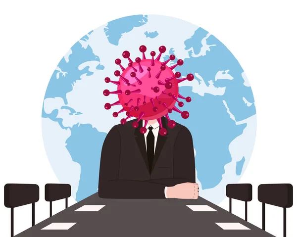 Virus karaktär, människokroppshuvudvirus, leder ett möte vid bordet. Mikrob, patogen, bakterie infektion med coronavirus influensavirus. Ironisk sarkastisk humor. Vektor illustration på jorden planet — Stock vektor