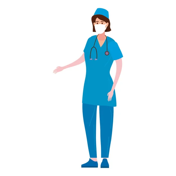 Νοσοκόμα ιατρική γυναικείο χαρακτήρα. Ιατρική βοήθεια έννοια επάγγελμα. Επαγγελματική ιατρική βοήθεια μπλε στολή γιατρού με στηθοσκόπιο σε αντιική μάσκα προσώπου. Απομονωμένη απεικόνιση διανύσματος — Διανυσματικό Αρχείο