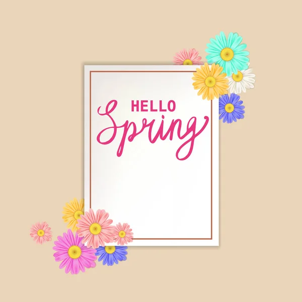 Hello Spring litere șablon banner cu flori proaspete buchet margarete multi-colorate, musetel. Ilustrație vectorială. Design floral pentru afişe, pliante, felicitări, invitaţie — Vector de stoc