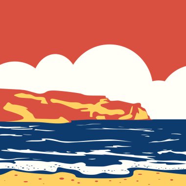 Tropikal okyanus manzarası ve dağ sörfü retro klasik pop sanatı. Deniz manzarası katı renkler. Turizm ve seyahat. Vektör düz tasarım afişi