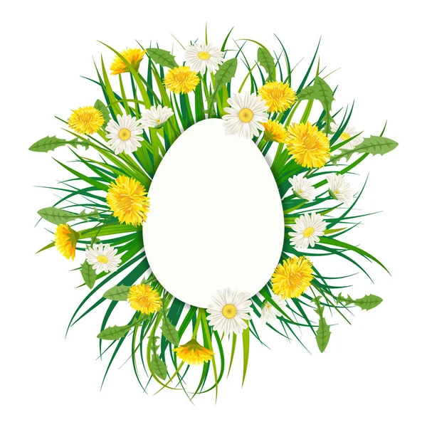 Template banner Easter egg bouquet with flowers bouquet dandelions and daisies, chamomiles, grass. Vector illustration. Fresh design for posters, flyers, greeting card, invitation