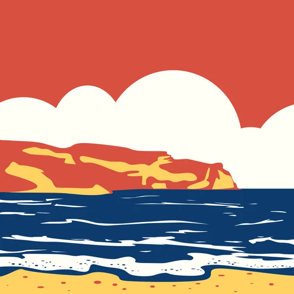 Oceano tropical paisagem do mar com montanha surf retro vintage pop art. Cores sólidas da paisagem marinha. Turismo e viagens. Cartaz de banner de design plano vetorial — Vetor de Stock