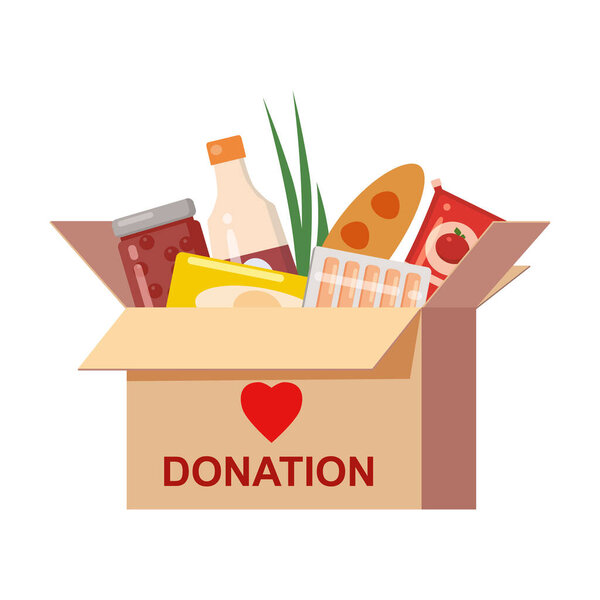 Box donation with food charity. Canned, bread, drinks. With text banner donate. Cartoon vector illustration isolated on white background