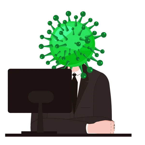 Wirus, wirus głowy ludzkiego ciała, komputer z postaciami. Mikrob, patogen, bakteriaikon zakażenia wirusem grypy koronawirusowej. Ironia sarkazm humorvector ilustracja na białym tle — Wektor stockowy