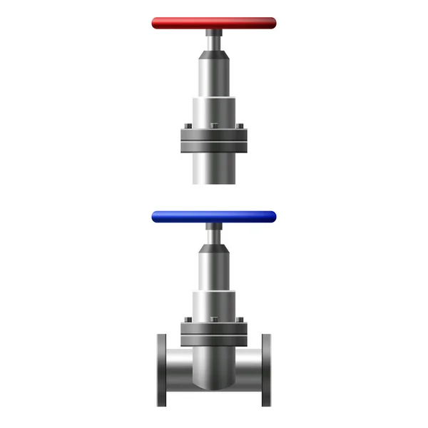 Set robinets boule, raccords, tuyaux de système de tuyauterie en métal. Différents types de vannes eau, pétrole, gazoduc, tuyaux d'égout. Construction et technologie de pression industrielle plomberie. Illustration vectorielle — Image vectorielle