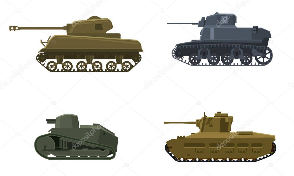 Set Tank American German Britain French World War 2. Military army machine war, weapon, battle symbol silhouette side view icon. Vector illustration isolated
