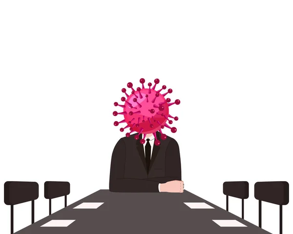 El personaje del virus, el virus de la cabeza del cuerpo humano, lidera una reunión en la mesa. Microbio, patógeno, infección por el virus de la gripe por coronavirus bacteriaicon. Humor irónico de sarcasmo. Ilustración vectorial sobre fondo blanco — Archivo Imágenes Vectoriales