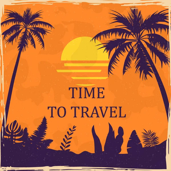 Solnedgång strand sommar tropisk vintage affisch. Havsutsikt över havet palmer blommig. Texturerat grunge effekt retro kort med text Tid att resa. Vektor illustration siluett — Stock vektor