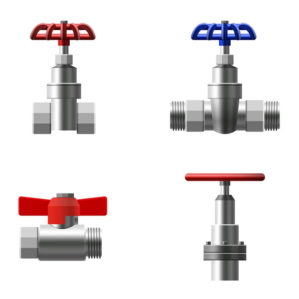 Set robinets boule, raccords, tuyaux de système de tuyauterie en métal. Différents types de vannes eau, pétrole, gazoduc, tuyaux d'égout. Construction et technologie de pression industrielle plomberie. Illustration vectorielle — Image vectorielle