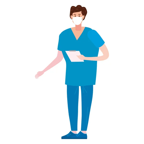 Dokter medisch mannelijk karakter. Bezettingsconcept medische hulp. Professioneel blauw doktersuniform met antiviraal masker. Vectorillustratie geïsoleerd — Stockvector