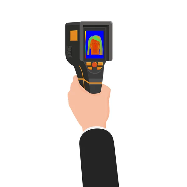 Kézben tartja a termikus szkenner kamera infravörös. Hordozható Visualize hőmérséklet-különbségek hőmérő, termográfia a környezet és az emberek. Elkülönített kórokozó-átvivő — Stock Vector