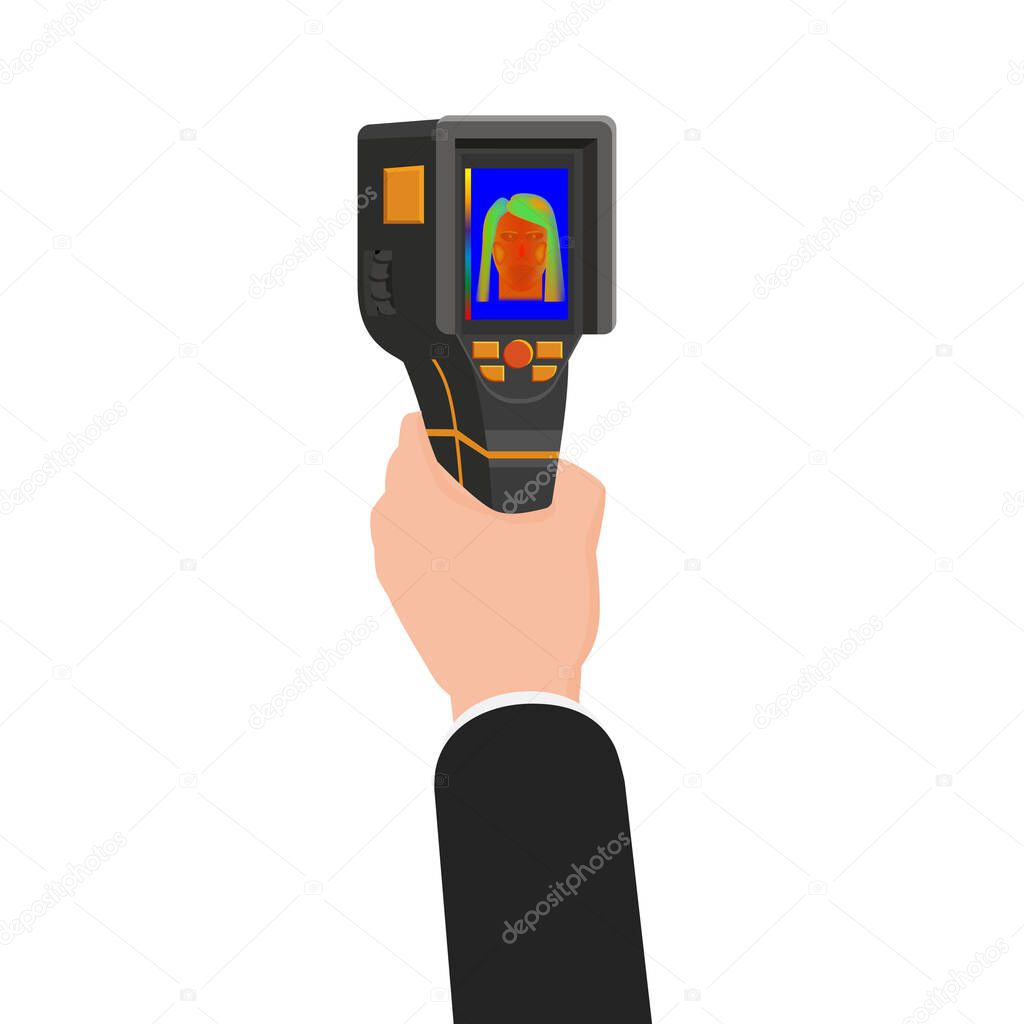 Hand holds Thermal scaner camera infrared. Portable Visualize temperature differences thermometer, thermographic for the environment and people. Vector illustration isolated