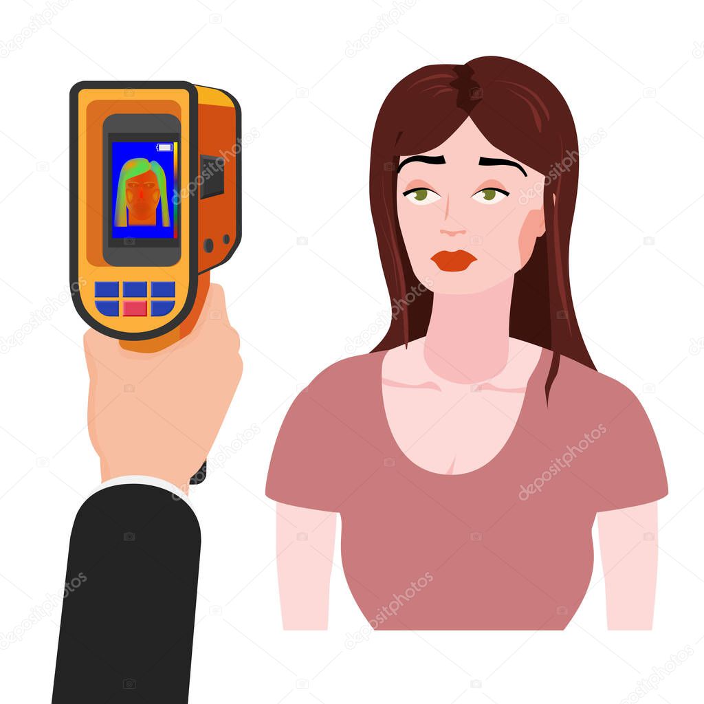 Scanning a person female with Thermal scaner for high temperature camera infrared. Portable Visualize temperature differences thermometer, thermographic for the environment and people. Vector