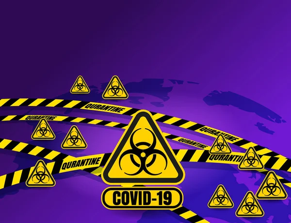 Quarantäne-Schilderbänder umgeben den Planeten Erde. Pandemie stoppt Coronavirus-Ausbruch covid-19 2019-nCoV Quarantäne. Vektor isoliertes Banner-Plakat — Stockvektor