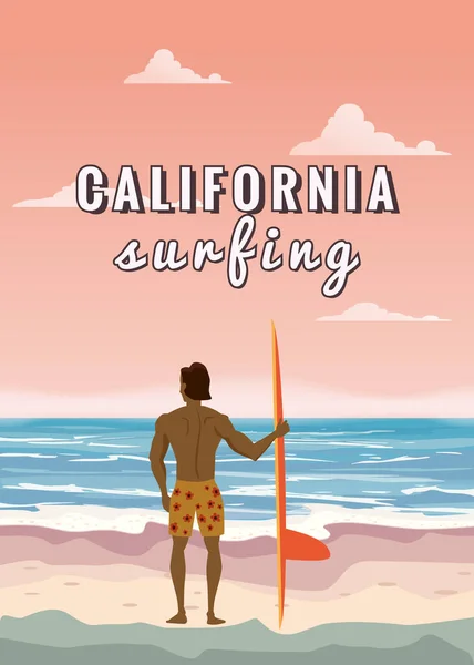 Surfista de pé com prancha na vista traseira da praia tropical. California surf palmas oceano tema. ilustração vetorial isolado banner modelo cartaz — Vetor de Stock