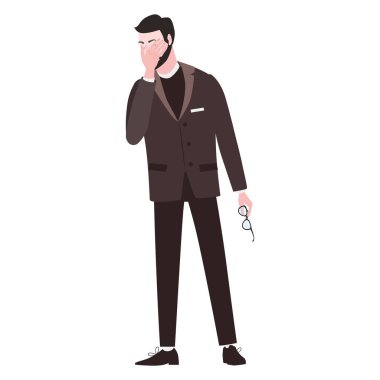 Fotokopi hareketi olan bir iş adamı. Baş ağrısı, hayal kırıklığı ya da utanç üzgün surat, hayal kırıklığına uğramış surat ifadesi. Çizgi film biçimi vektör çizimi izole edildi