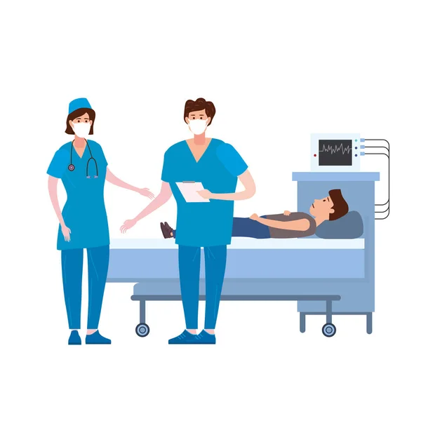 Medico e infermiere in maschera antivirale e paziente che si prende cura della salute del paziente. Consultazione e diagnosi test medici controllo del virus. Illustrazione vettoriale isolato — Vettoriale Stock