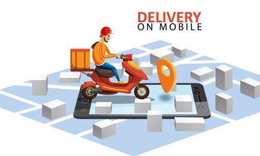 Mobiletle teslimat. Mobil takibe göre, harita izometrik. İnternetten sipariş servisi. İniş sayfası, şablon, ui, web, mobil uygulama, poster, afiş, el ilanı. Vektör izole edildi