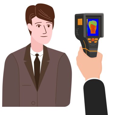 Termal tarayıcı ile yüksek sıcaklıkta kamera kızılötesi taraması yapan bir erkek. Taşınabilir Visualize sıcaklık farkları termometre, çevre ve insanlar için termografik. Vektör