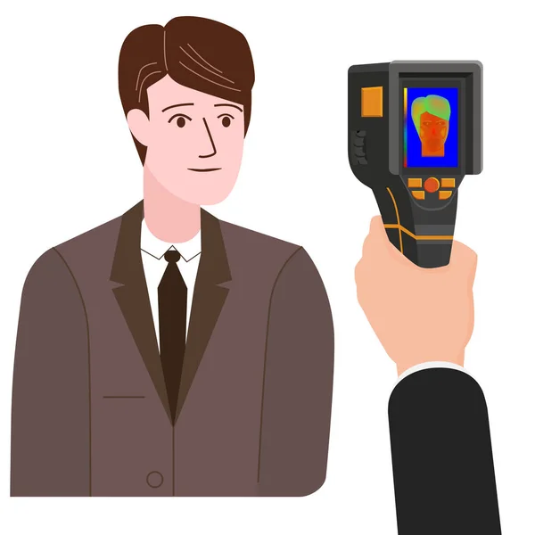 Scanning a person male with Thermal scaner for high temperature camera infrared. Portable Visualize temperature differences thermometer, thermographic for the environment and people. Vector — Stock Vector