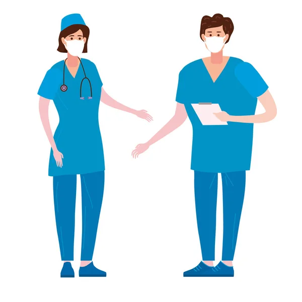 Enfermera y médico médico de carácter femenino y masculino. Concepto de ocupación de ayuda médica. Médico profesional y uniforme azul asistencial con estetoscopio en mascarillas antivirales. Ilustración vectorial — Vector de stock