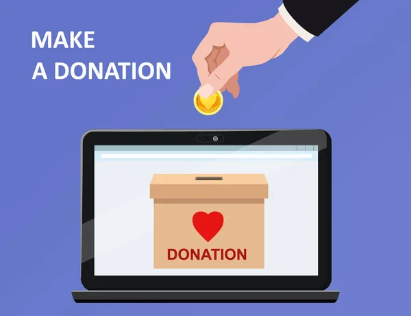 オンライン決済を寄付する。ノートパソコンのディスプレイ上の寄付ボックスに金の金貨を手挿入します。チャリティー募金のコンセプト。ベクトル図 — ストックベクタ