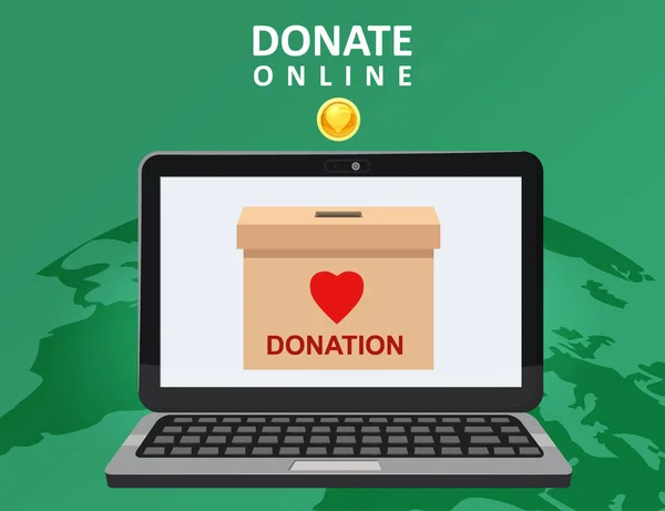 在网上捐款。在笔记本电脑上做一个捐赠盒.慈善筹款概念。地球背景。孤立的矢量说明 — 图库矢量图片