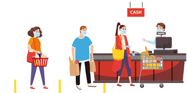 Süpermarket kasiyeri ve tıbbi maskeli alıcılar, sepet dolusu yiyecek. Mağazadaki 2019-nCoV karantina koronavirüs salgın önlemleri. Çizgi film biçimi vektörü