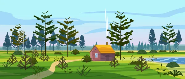 Meadow and forest landscape nature, spruce pine trees, grass and bushes. Panorama scenery hut house lonely path road. Vector illustration banner poster template trendy style — Stock Vector