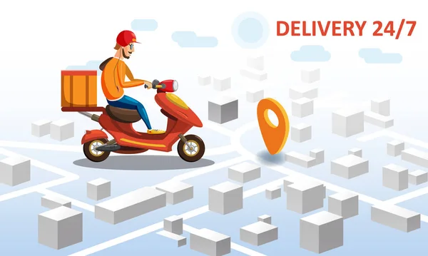 Delivery by scooter moped on mobile tracking online, map isometric. Online food order service. Landing page, template, ui, web, mobile app, poster, banner, flyer. Vector isolated — Stock Vector