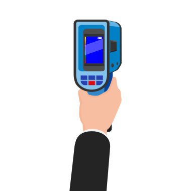 Elleri termal tarayıcı kamera kızılötesi tutuyor. Taşınabilir Visualize sıcaklık farkları termometre, çevre ve insanlar için termografik. Vektör çizimi izole edildi
