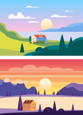 Yaz günbatımını deniz manzaralarına göre ayarla. Deniz Okyanusu doğa tepeleri tarlalar dağlar mavi gökyüzü bulutlar güneş evleri kırsal. Ağaçlar ve çimenler kırsal alanda. Düz çizgi film trend biçim vektör çizimi