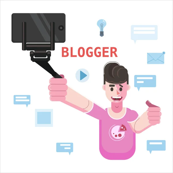 Blogueiro fazendo vídeo para blog ou vlog detém smartphone no tripé. Popular jovem blogueiro streamer vídeo homem, transmissão ao vivo, podcast, canal online. Resenhas, perguntas, respostas de assinantes do — Vetor de Stock