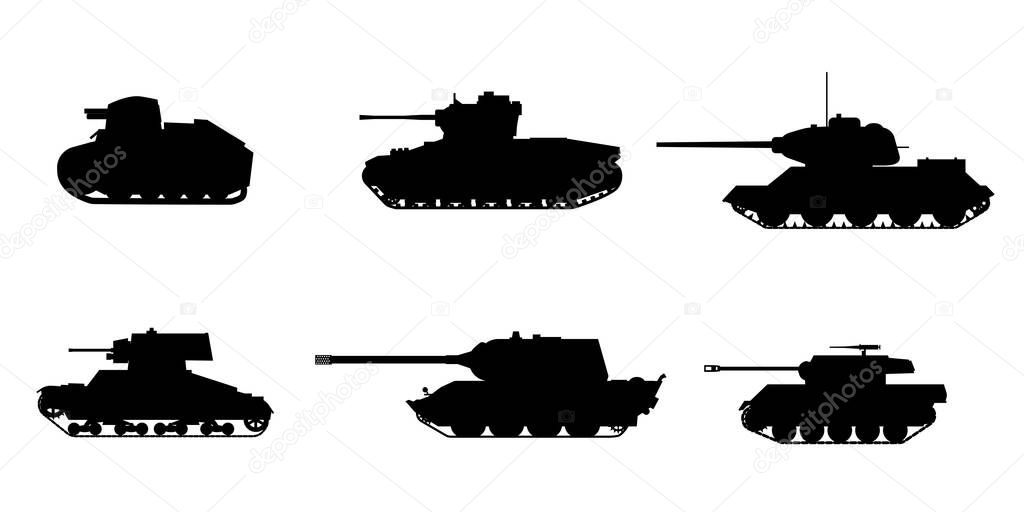 Set Silhouette Tank American German Britain Soviet French World War 2 icons. Military army machine war, weapon, battle symbol silhouette side view icon. Vector illustration isolated