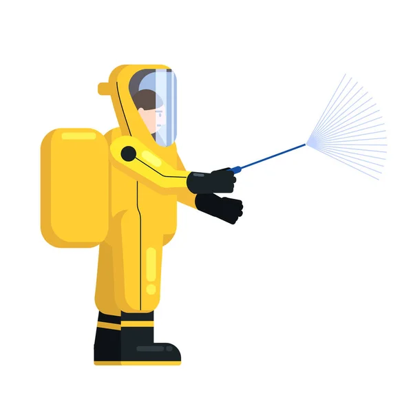 Man edical scientist in chemical protection suit disinfects spray to cleaning and disinfect virus Covid-19, Coronavirus disease, preventive measures. Vector illustration flat style — Stock Vector