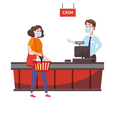 Süpermarket kasiyeri ve tıbbi maskeli, elinde bir sepet yiyecek olan bir alıcı. 2019-NCoV karantina koronavirüsü. Çizgi film biçimi vektör çizimi beyaz arkaplanda izole edildi