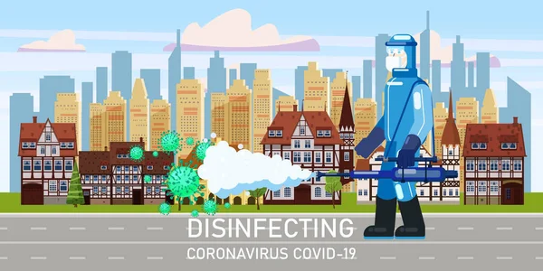 A kémiai védőruhás orvosszakértő fertőtleníti a Covid-19 vírus tisztítását és fertőtlenítését a belvárosban, az utcán, a Coronavirus-kórban, megelőző intézkedésekben. Vektorillusztráció — Stock Vector