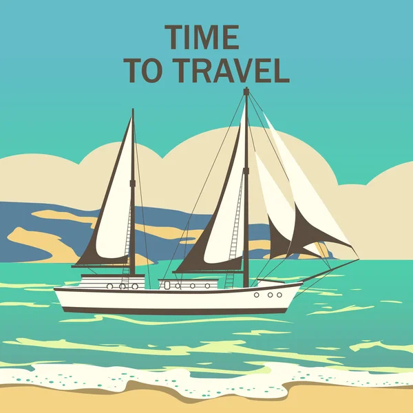 Bannière voilier vintage rétro avec texte Time To Travel. Yacht à voile marin nautique ou paysage marin itinérant. Illustration vectorielle isolée — Image vectorielle